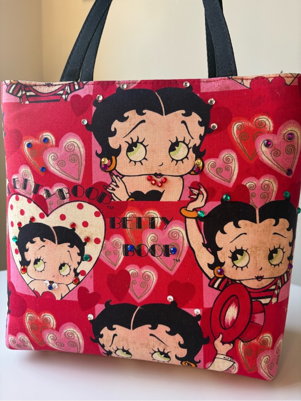 Vintage Betty Boop Red Printed Tote Bag Heart Motif Shoulder Strap Rhinestones